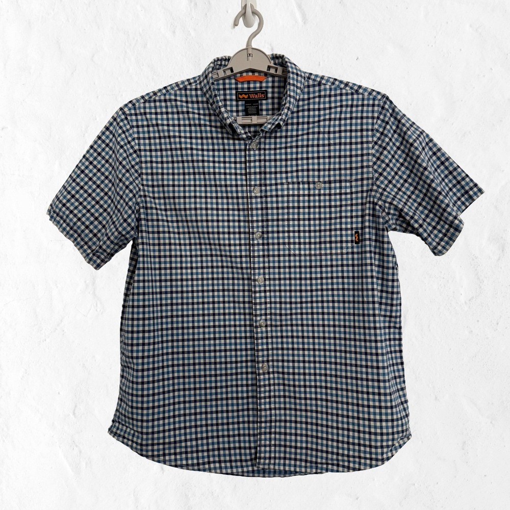 Walls Button Down Shirt Mens XL Blue Gingham Excellent Short Sleeve Stretch